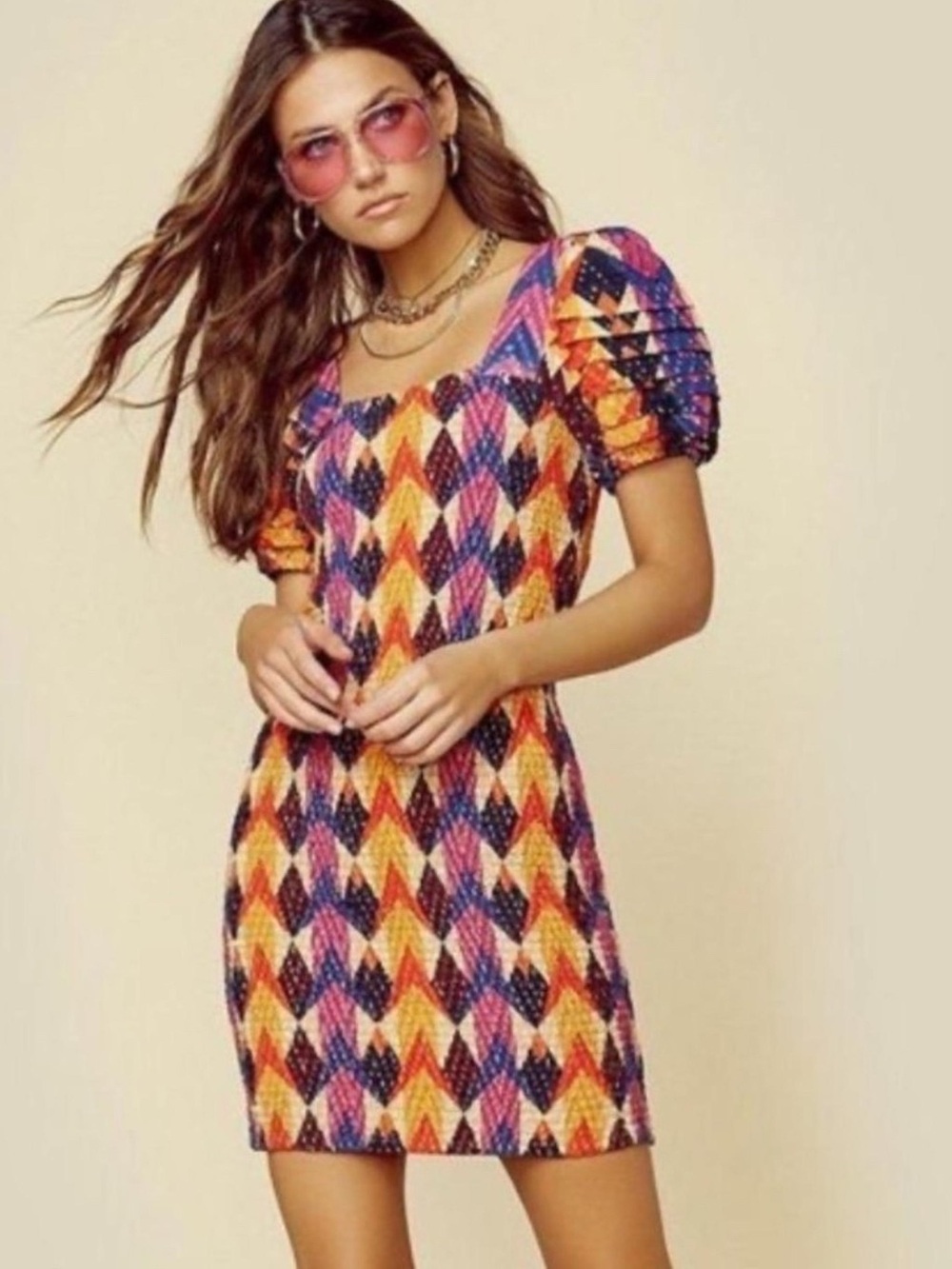 Farm Rio Dress Lindeza Grafica Mini Dress Puff Sleeve Smocked Colorful XS